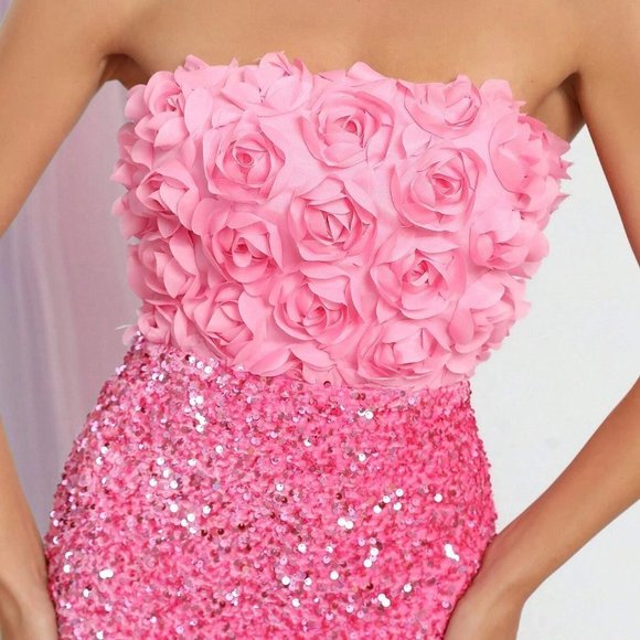 Pink Boho Womens Stereo Flower Sequin Tube Bodycon Dress - Picture 4 of 5